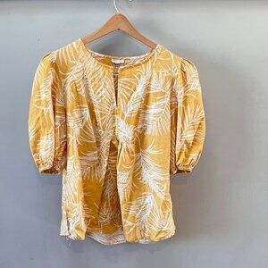Sigrid Olsen Womens Yellow‎ & White Leaf Print Linen Blend Blouse Puff Sleeve M